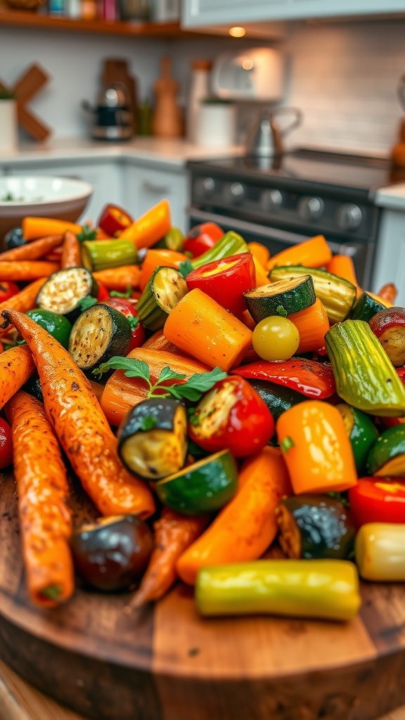 A platter of colorful roasted vegetables including carrots, zucchini, and bell peppers, garnished with herbs.